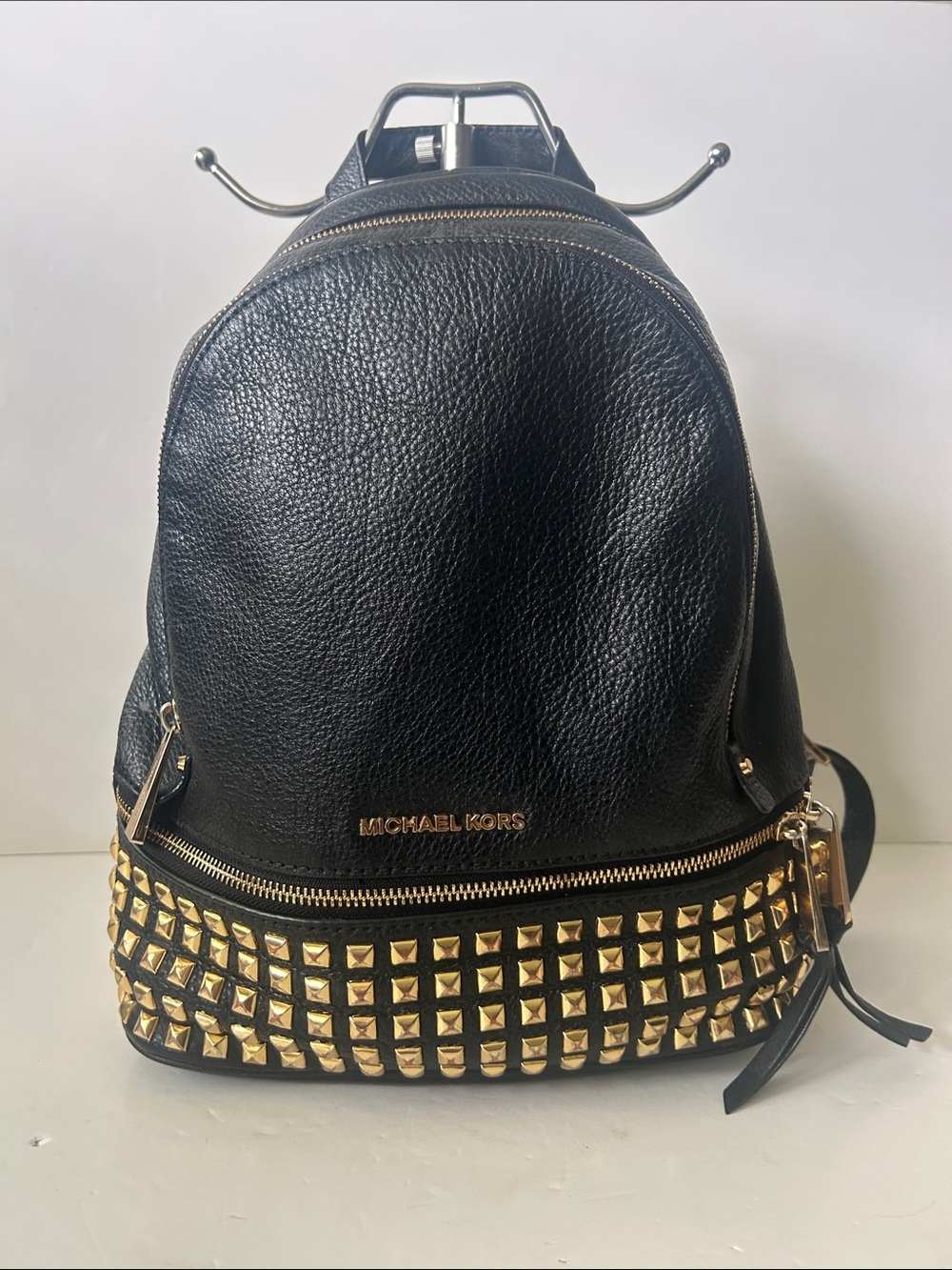 Michael Kors Rhea Black Pebbled Leather Backpack with Gold Studs Biker Rare!